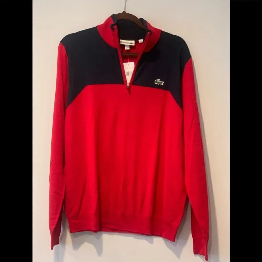Lacoste Men’s 1/4 zip colorblock wool yoke pullover zip up sweater in red Sz XXL